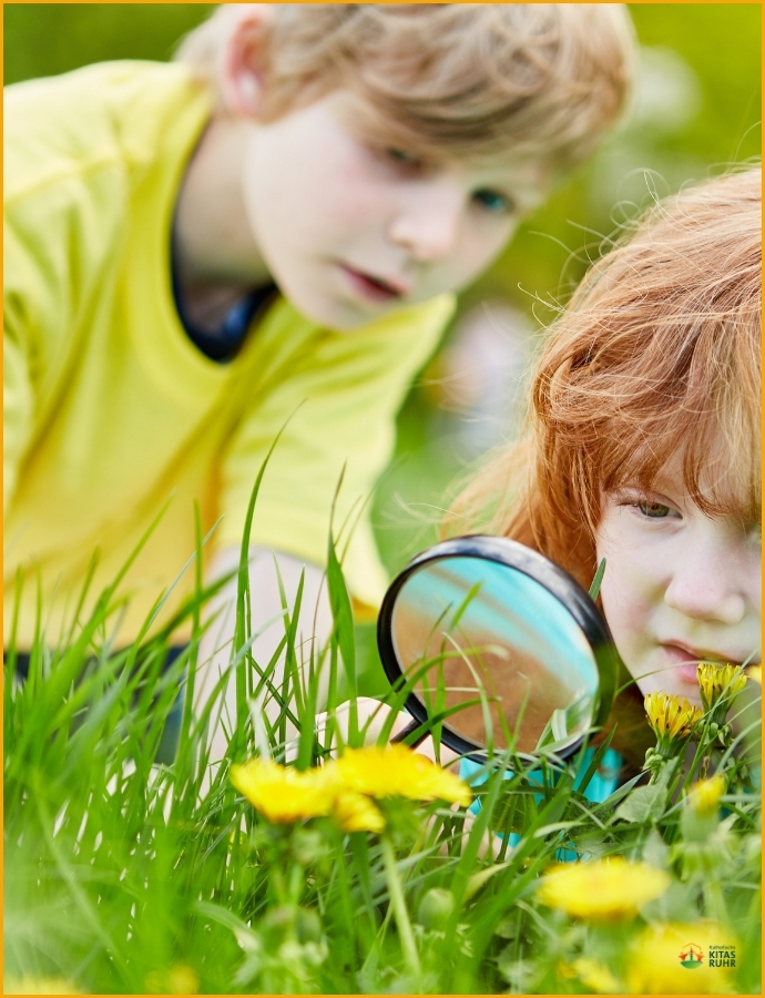 2 Kinder mit Lupe im Gras