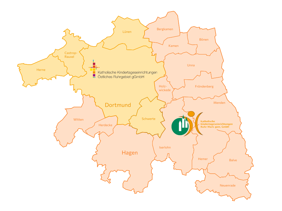 Karte mit Kitas der Katholischen Kitas Ruhr